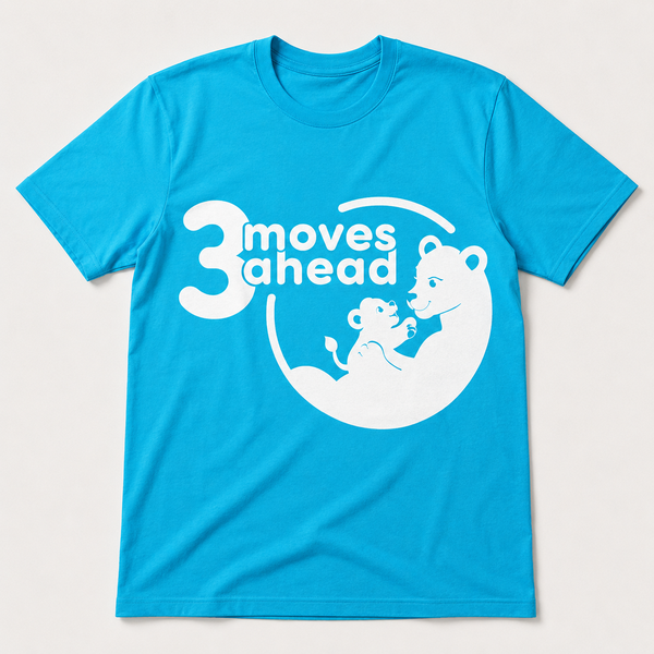 Cyan t-shirt with the 3 Moves Ahead logo