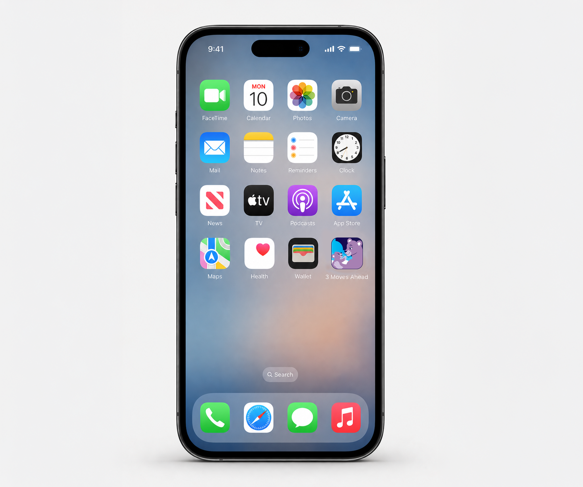 Phone showing the 3 Moves Ahead app on the home screen