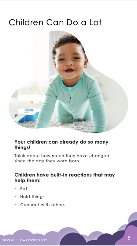 App screen titled Children Can Do a Lot, showing a smiling baby crawling